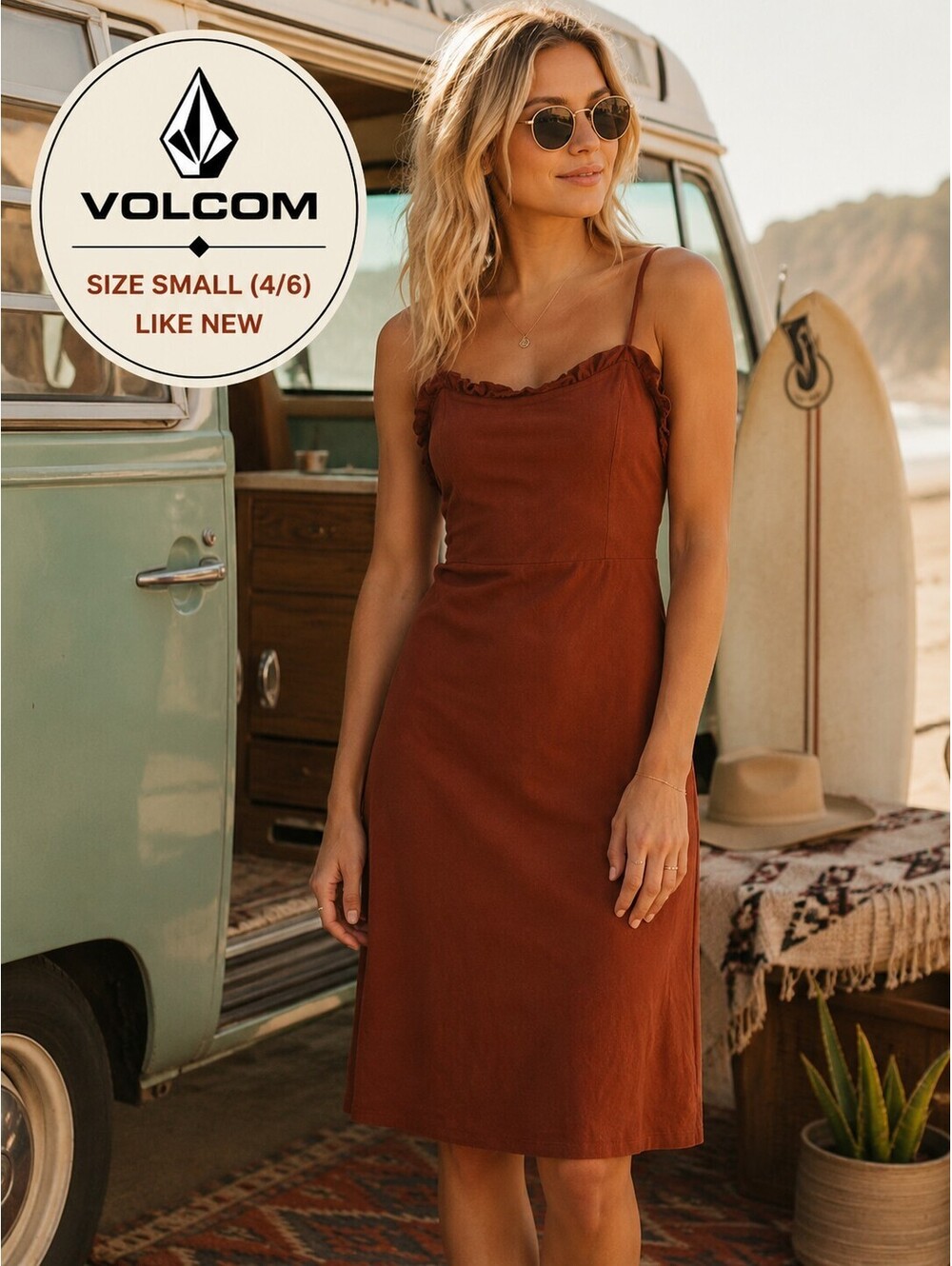 Volcom | S | Rust Brown Ruffle Trim Slip Dress